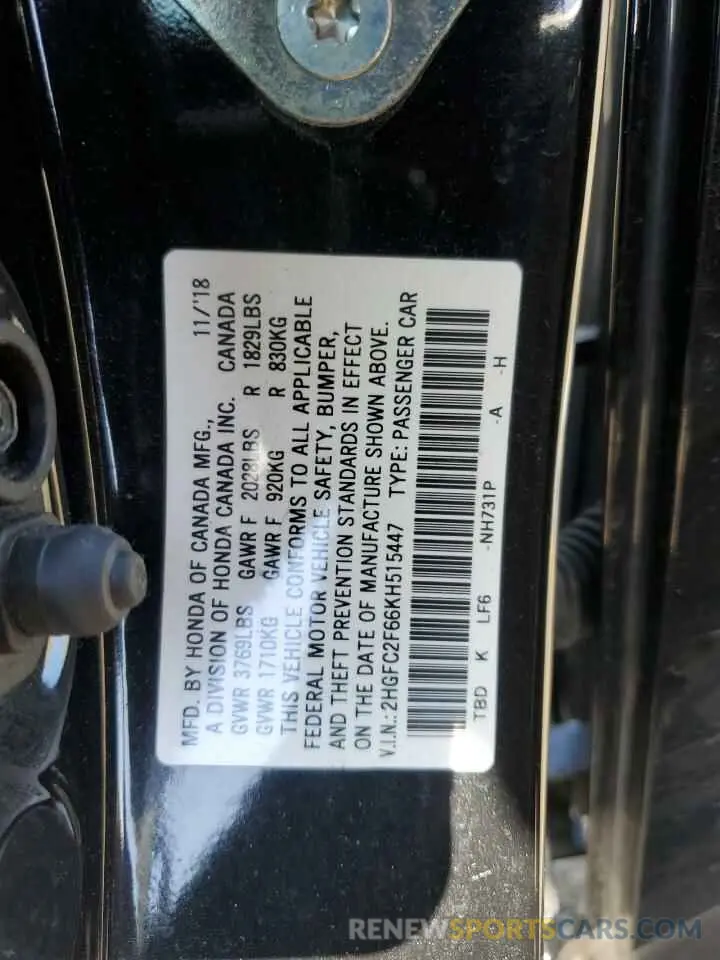 12 fotografías del automóvil dañado 2HGFC2F66KH515447 HONDA CIVIC 2019