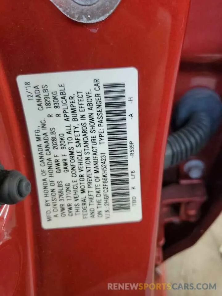 13 fotografías del automóvil dañado 2HGFC2F66KH524231 HONDA CIVIC 2019