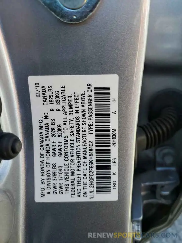 12 fotografías del automóvil dañado 2HGFC2F66KH548402 HONDA CIVIC 2019