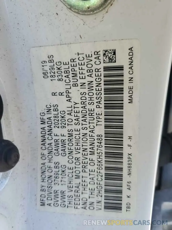12 fotografías del automóvil dañado 2HGFC2F66KH576488 HONDA CIVIC 2019