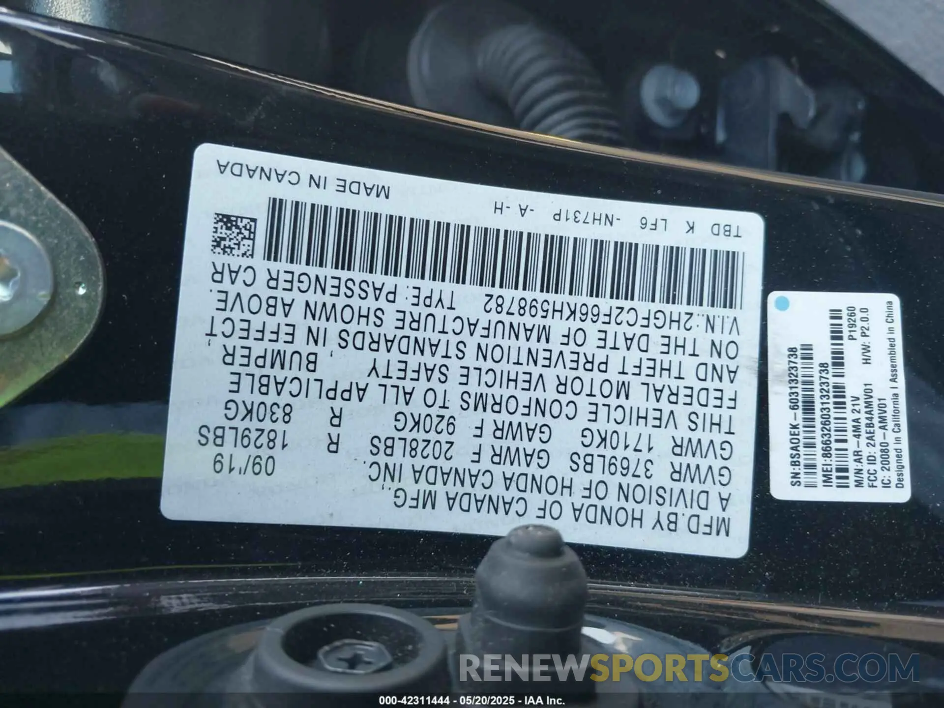 9 fotografías del automóvil dañado 2HGFC2F66KH598782 HONDA CIVIC 2019