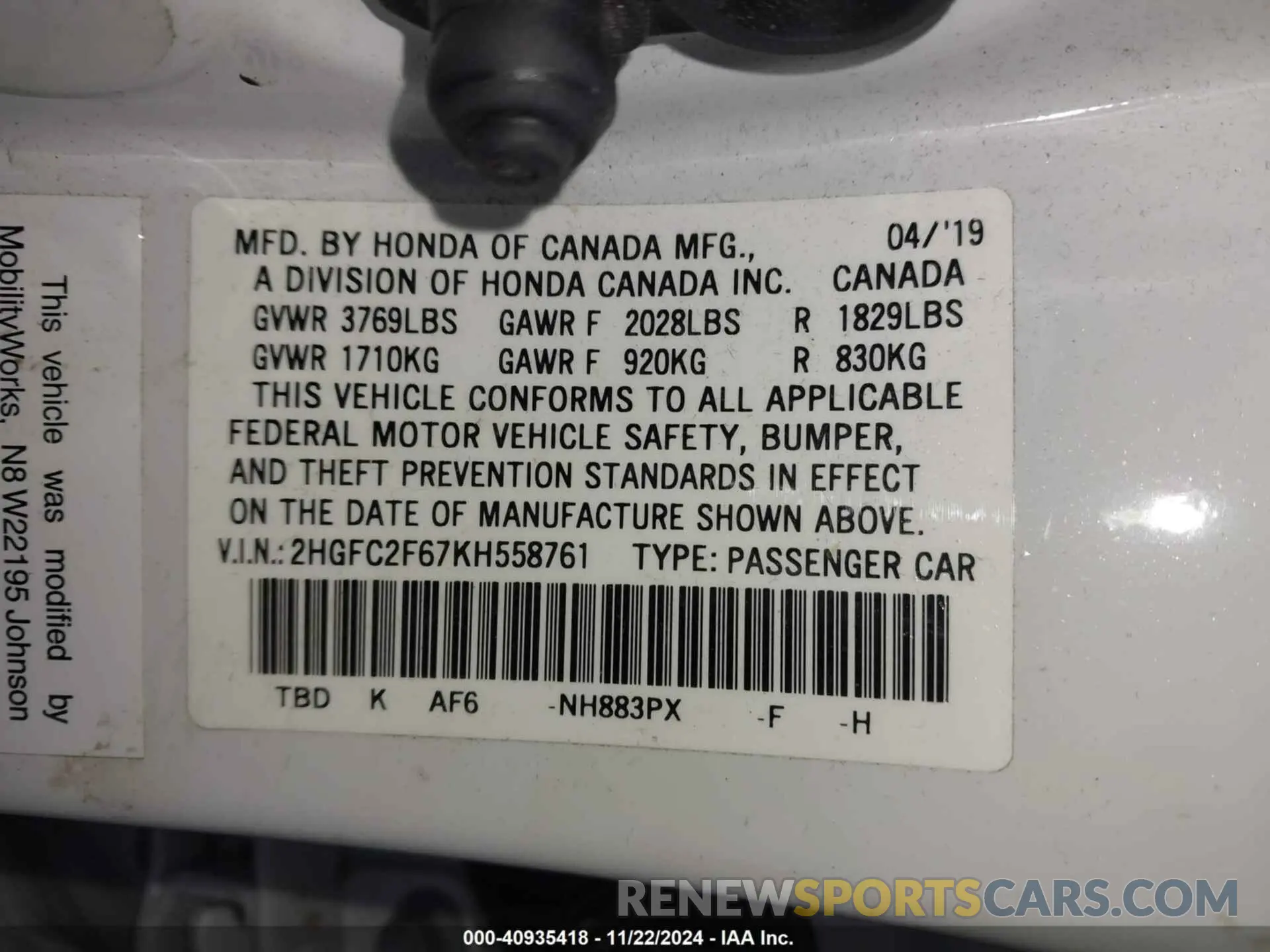 9 fotografías del automóvil dañado 2HGFC2F67KH558761 HONDA CIVIC 2019