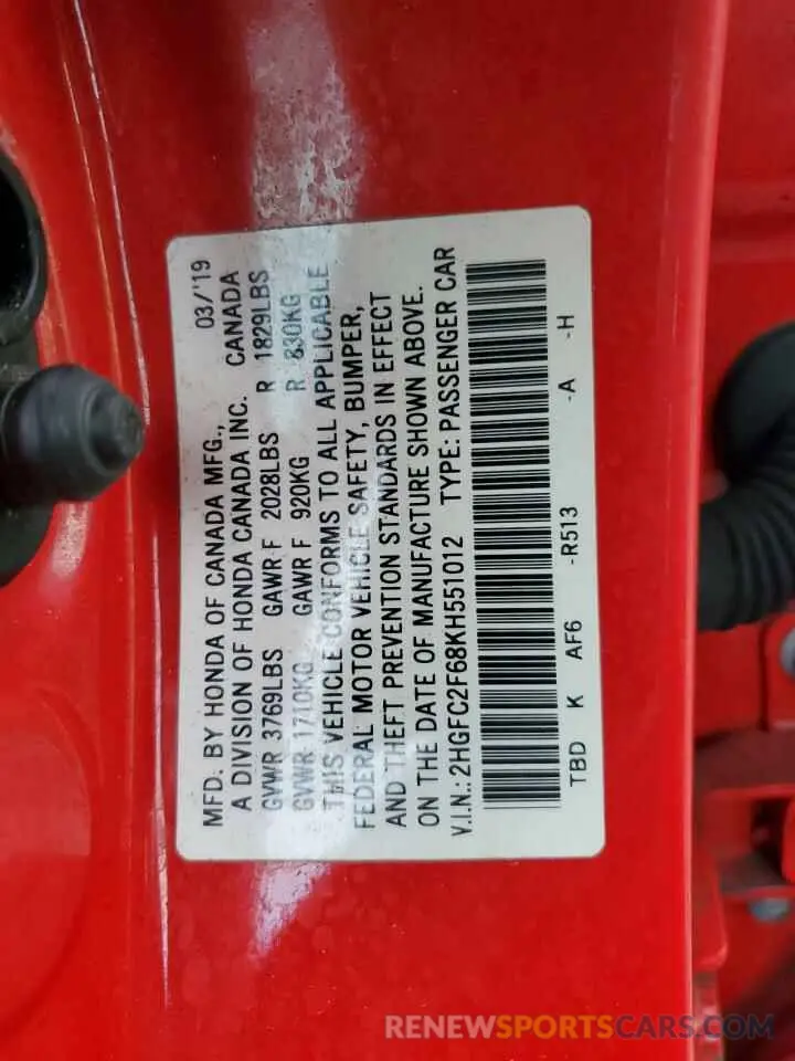 14 fotografías del automóvil dañado 2HGFC2F68KH551012 HONDA CIVIC 2019