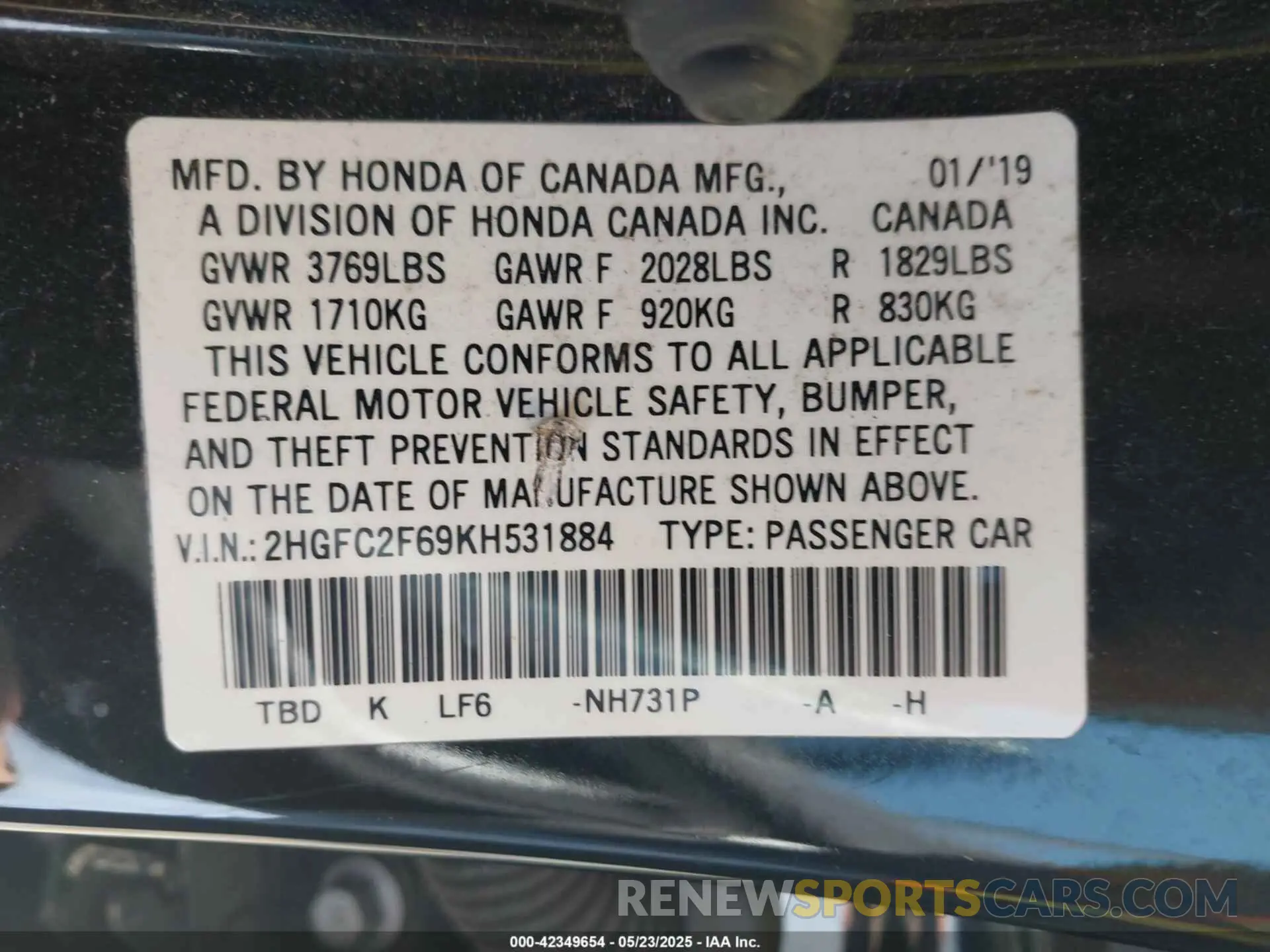 9 fotografías del automóvil dañado 2HGFC2F69KH531884 HONDA CIVIC 2019