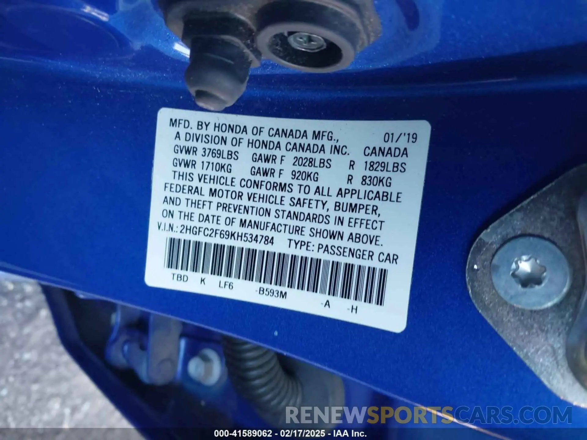 9 fotografías del automóvil dañado 2HGFC2F69KH534784 HONDA CIVIC 2019