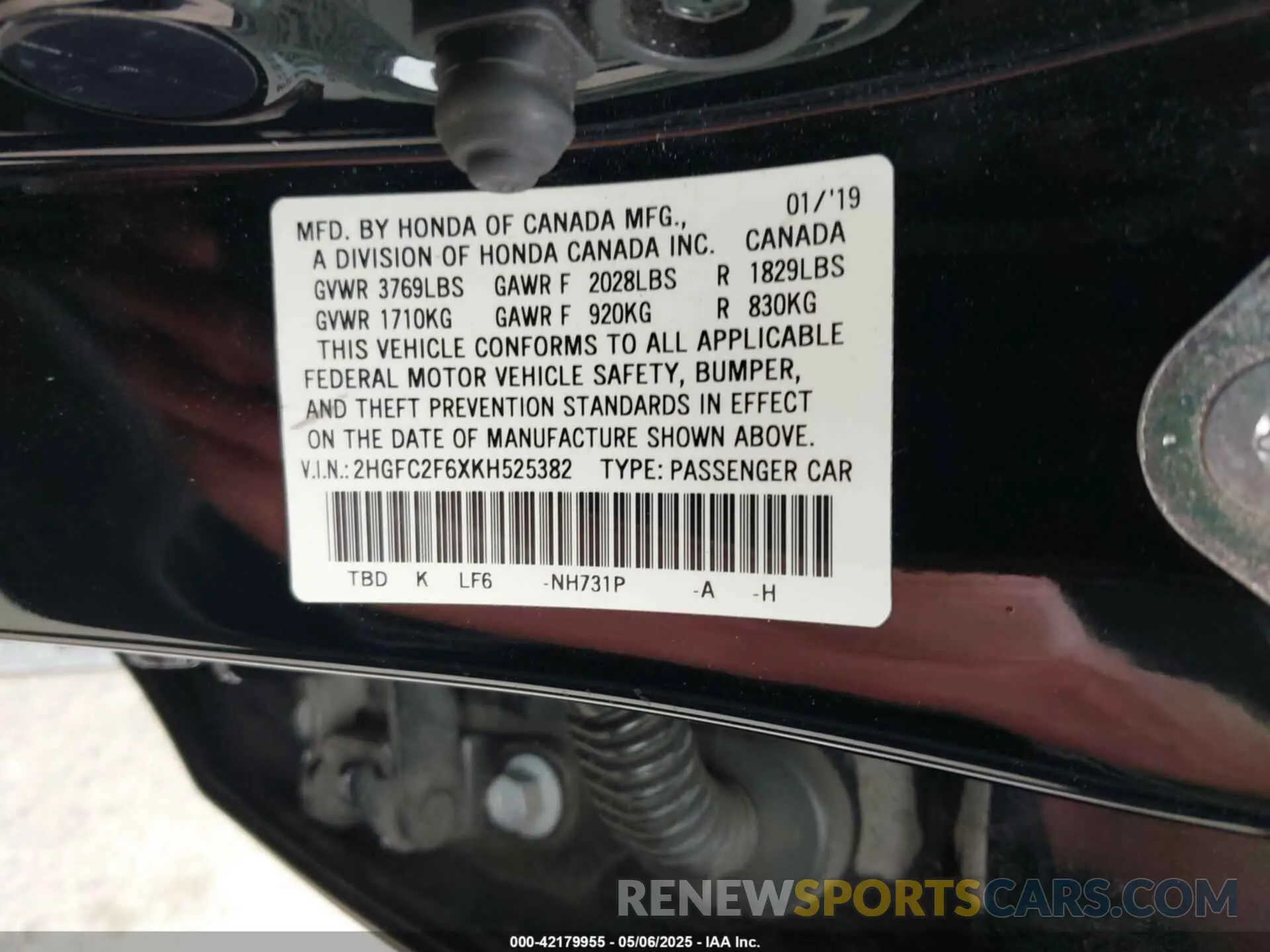 9 fotografías del automóvil dañado 2HGFC2F6XKH525382 HONDA CIVIC 2019