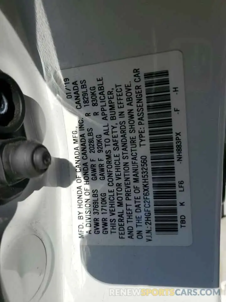 14 fotografías del automóvil dañado 2HGFC2F6XKH532560 HONDA CIVIC 2019