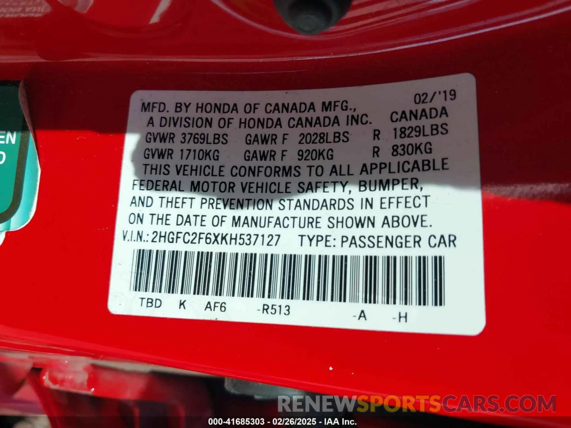 9 fotografías del automóvil dañado 2HGFC2F6XKH537127 HONDA CIVIC 2019