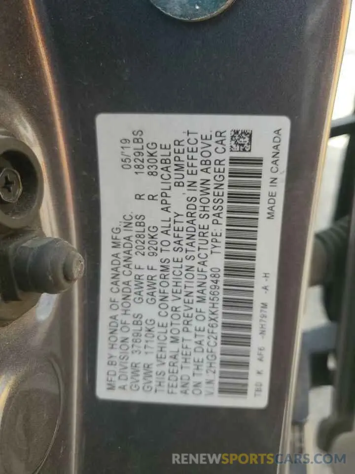 13 fotografías del automóvil dañado 2HGFC2F6XKH569480 HONDA CIVIC 2019