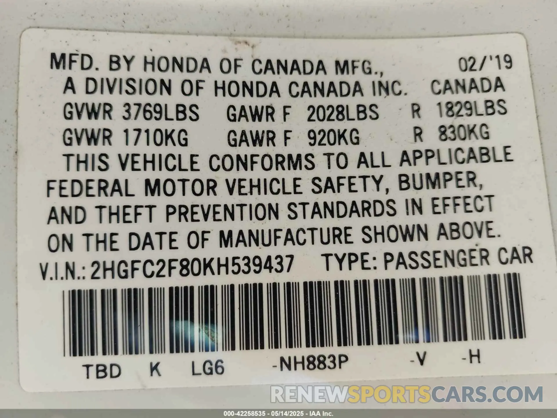 9 fotografías del automóvil dañado 2HGFC2F80KH539437 HONDA CIVIC 2019