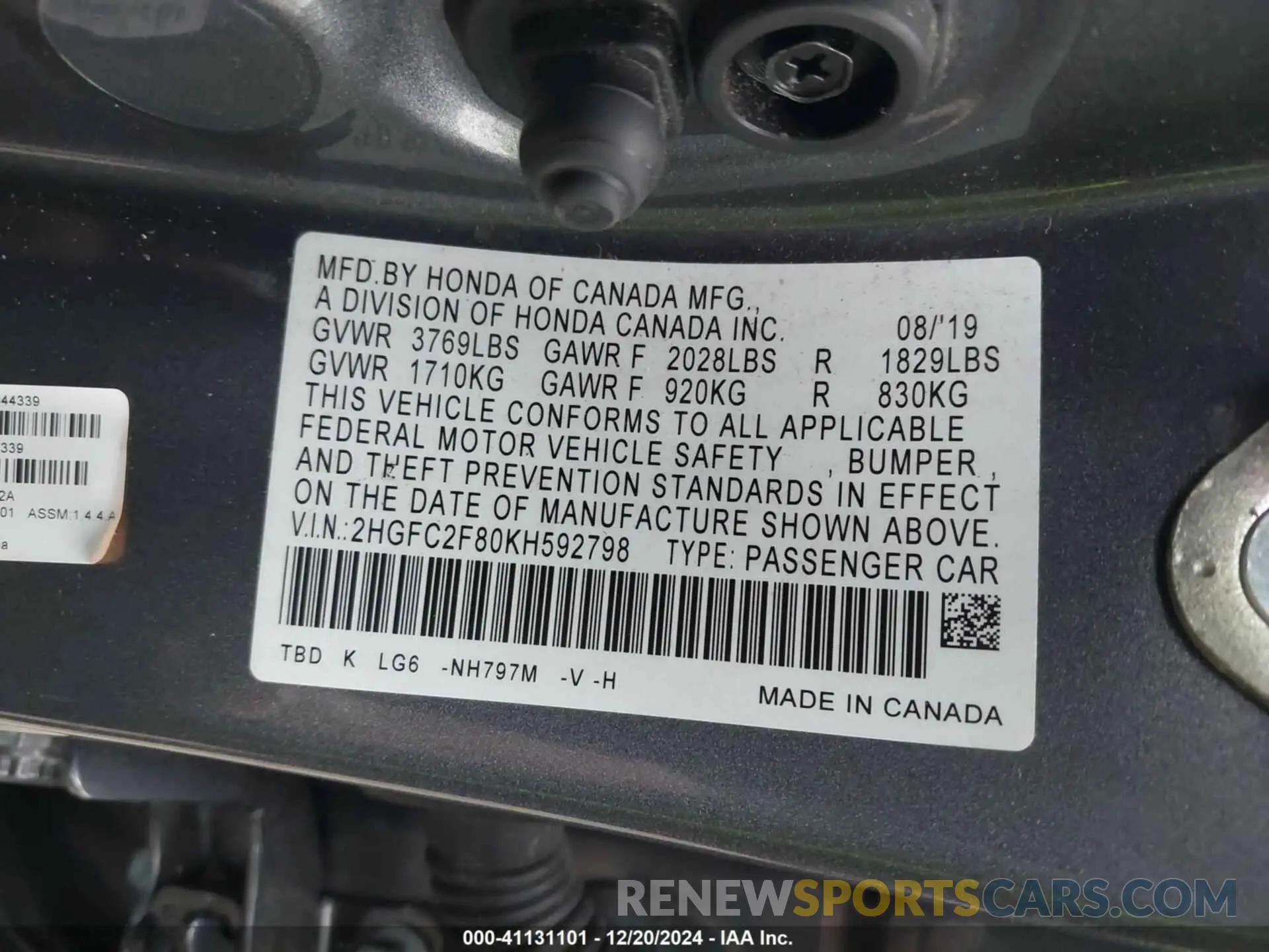 9 fotografías del automóvil dañado 2HGFC2F80KH592798 HONDA CIVIC 2019
