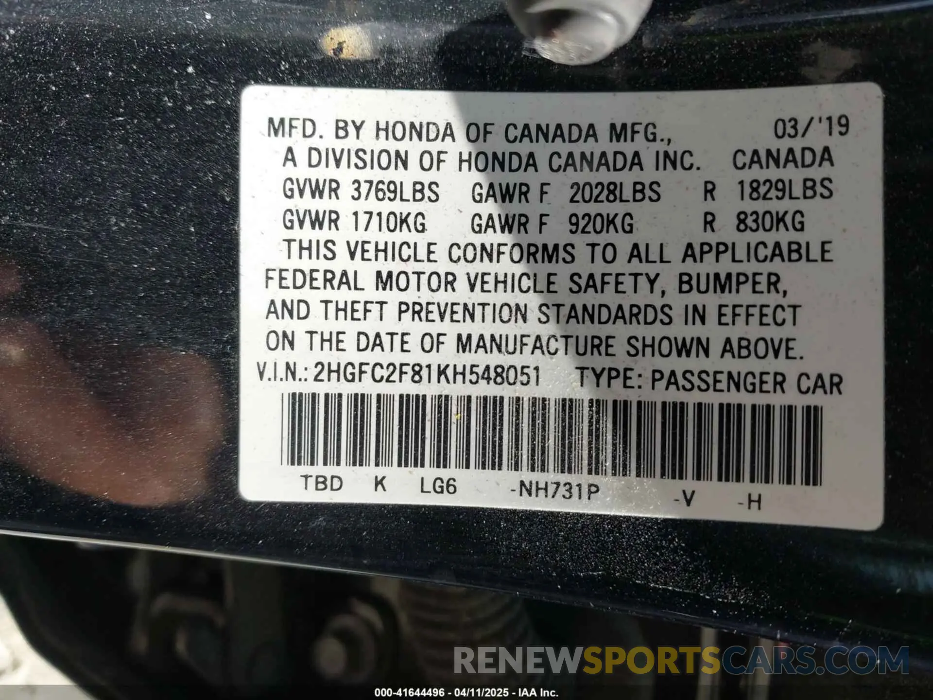 9 fotografías del automóvil dañado 2HGFC2F81KH548051 HONDA CIVIC 2019
