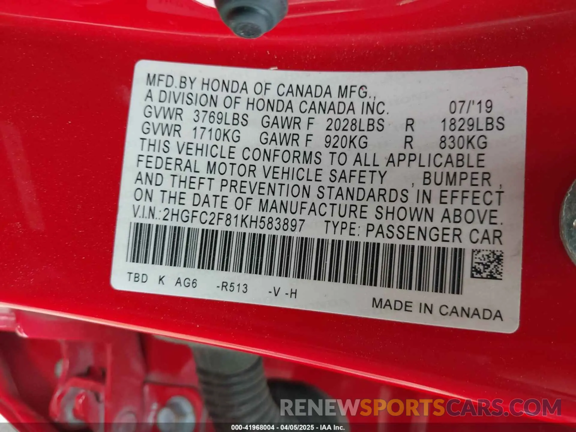 9 fotografías del automóvil dañado 2HGFC2F81KH583897 HONDA CIVIC 2019