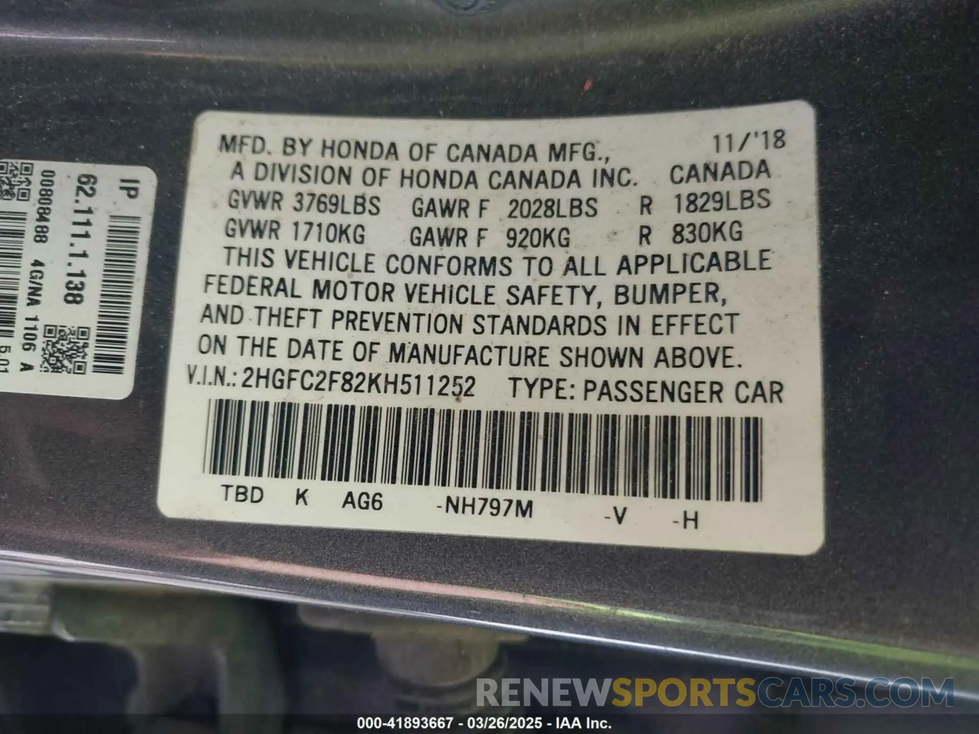 9 fotografías del automóvil dañado 2HGFC2F82KH511252 HONDA CIVIC 2019