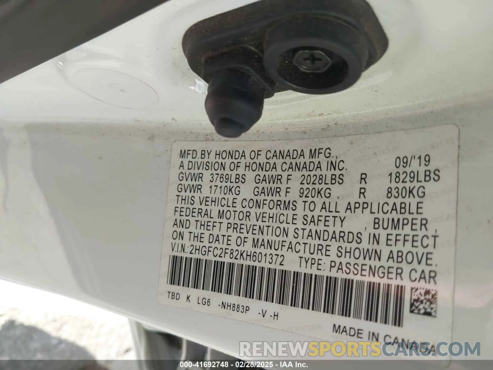 9 fotografías del automóvil dañado 2HGFC2F82KH601372 HONDA CIVIC 2019