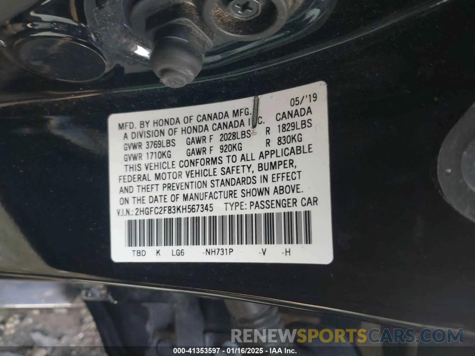 9 fotografías del automóvil dañado 2HGFC2F83KH567345 HONDA CIVIC 2019