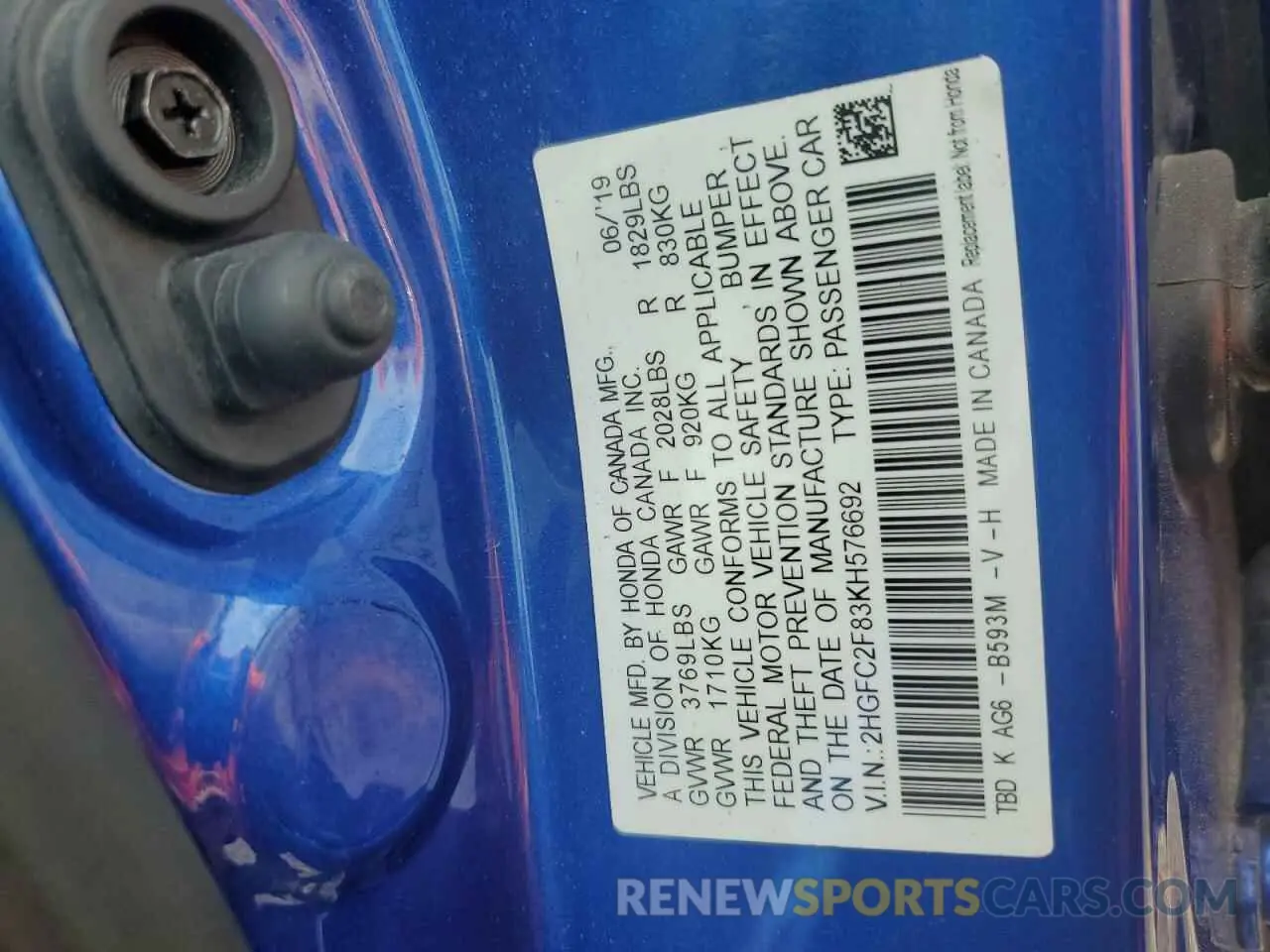12 fotografías del automóvil dañado 2HGFC2F83KH576692 HONDA CIVIC 2019