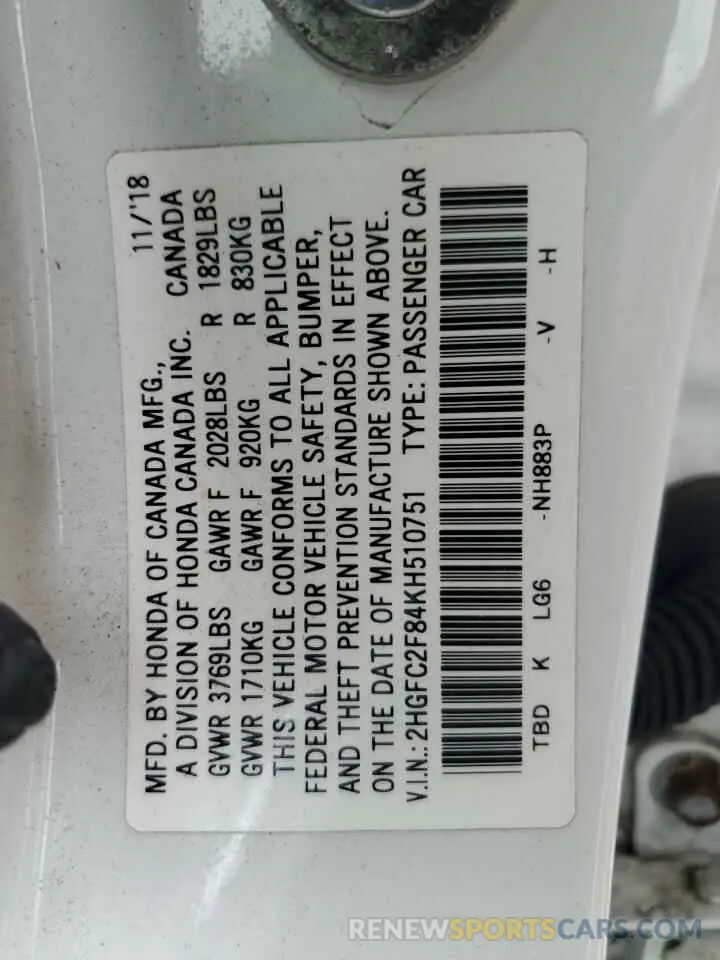 13 fotografías del automóvil dañado 2HGFC2F84KH510751 HONDA CIVIC 2019