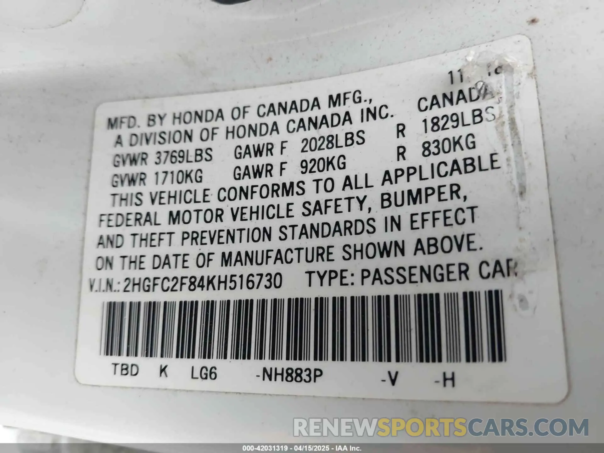 9 fotografías del automóvil dañado 2HGFC2F84KH516730 HONDA CIVIC 2019