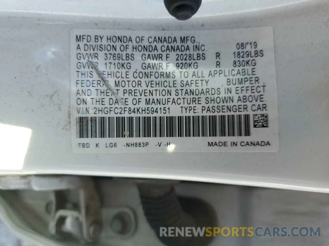 15 fotografías del automóvil dañado 2HGFC2F84KH594151 HONDA CIVIC 2019