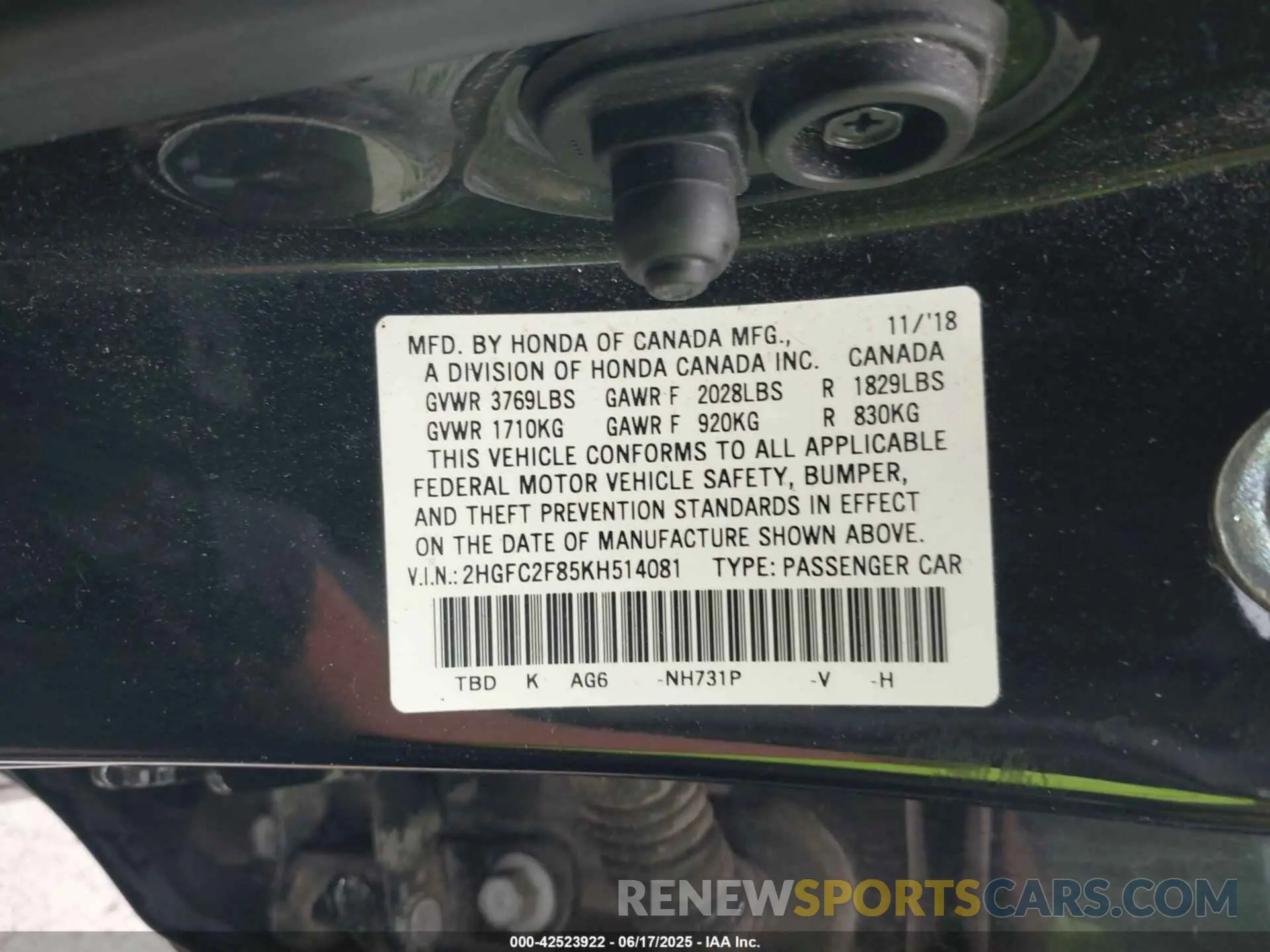 9 fotografías del automóvil dañado 2HGFC2F85KH514081 HONDA CIVIC 2019