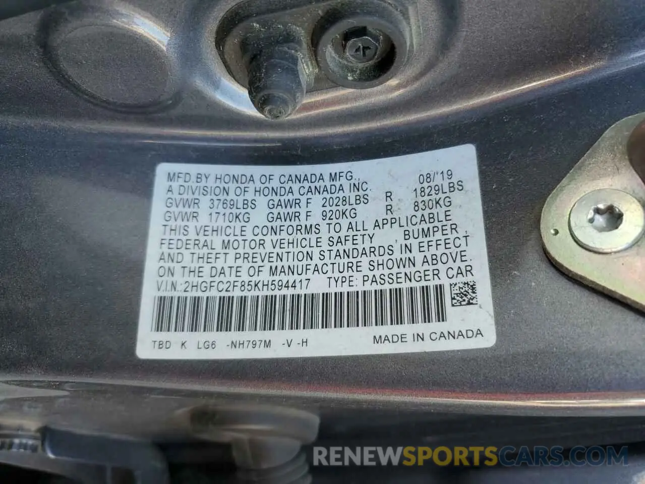 12 fotografías del automóvil dañado 2HGFC2F85KH594417 HONDA CIVIC 2019