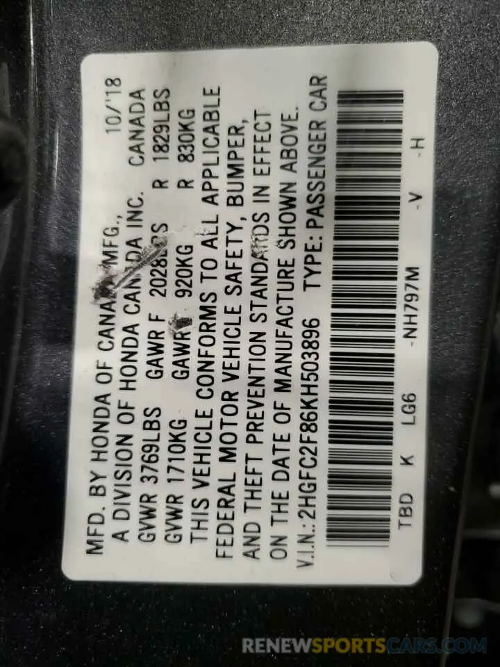 12 fotografías del automóvil dañado 2HGFC2F86KH503896 HONDA CIVIC 2019