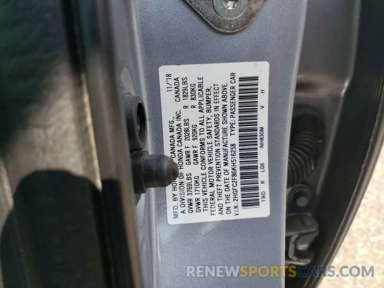 12 fotografías del automóvil dañado 2HGFC2F86KH516258 HONDA CIVIC 2019