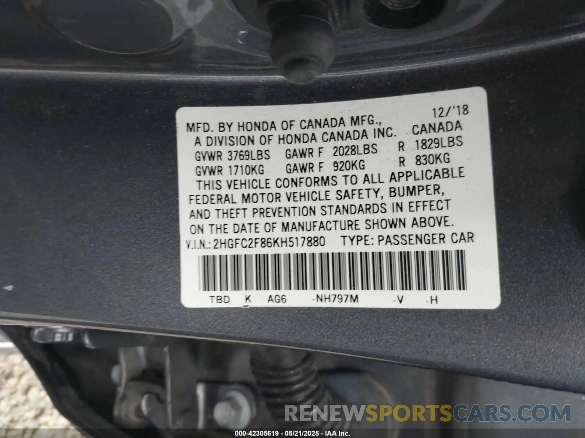 9 fotografías del automóvil dañado 2HGFC2F86KH517880 HONDA CIVIC 2019