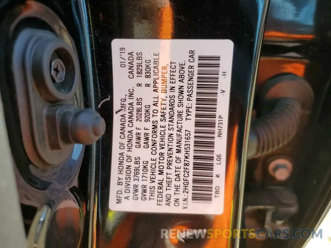 12 fotografías del automóvil dañado 2HGFC2F87KH531657 HONDA CIVIC 2019