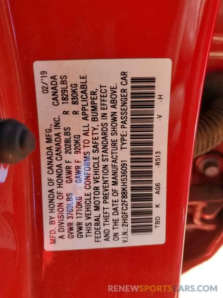 12 fotografías del automóvil dañado 2HGFC2F88KH536091 HONDA CIVIC 2019