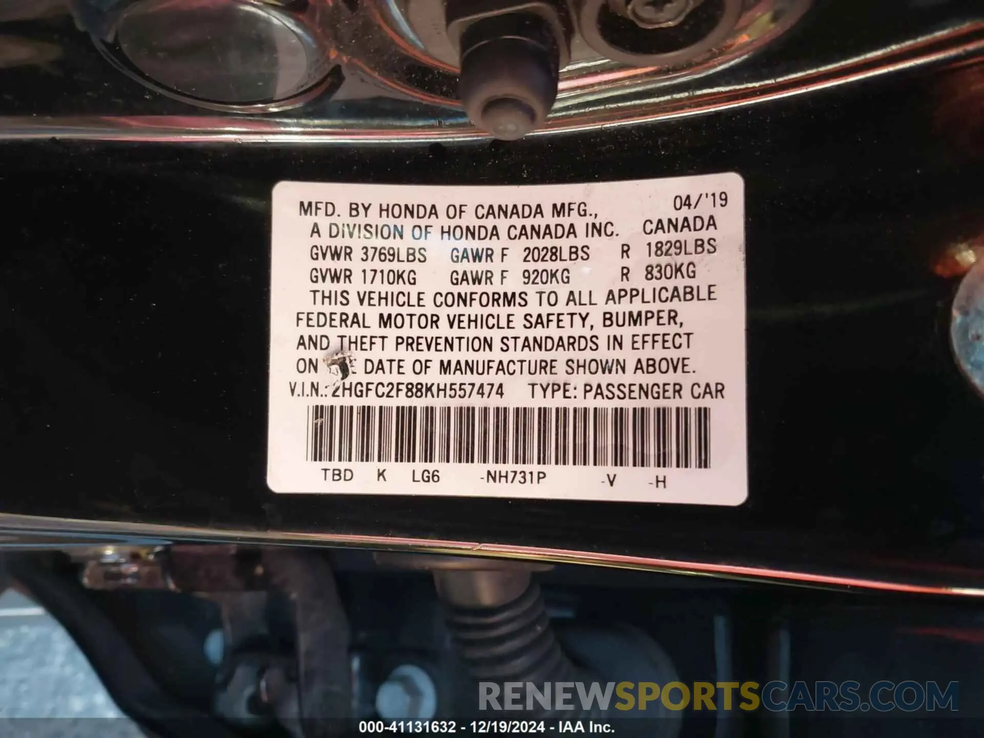 9 fotografías del automóvil dañado 2HGFC2F88KH557474 HONDA CIVIC 2019