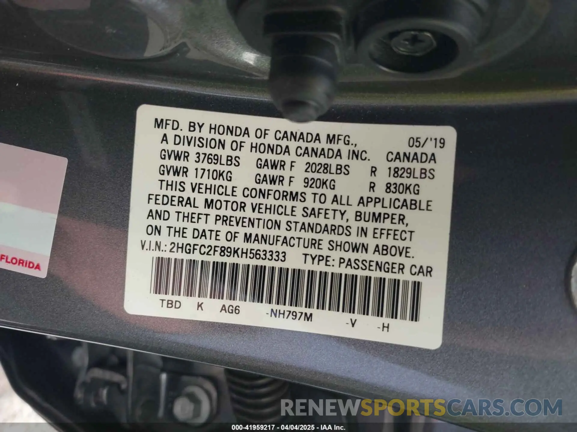 9 fotografías del automóvil dañado 2HGFC2F89KH563333 HONDA CIVIC 2019