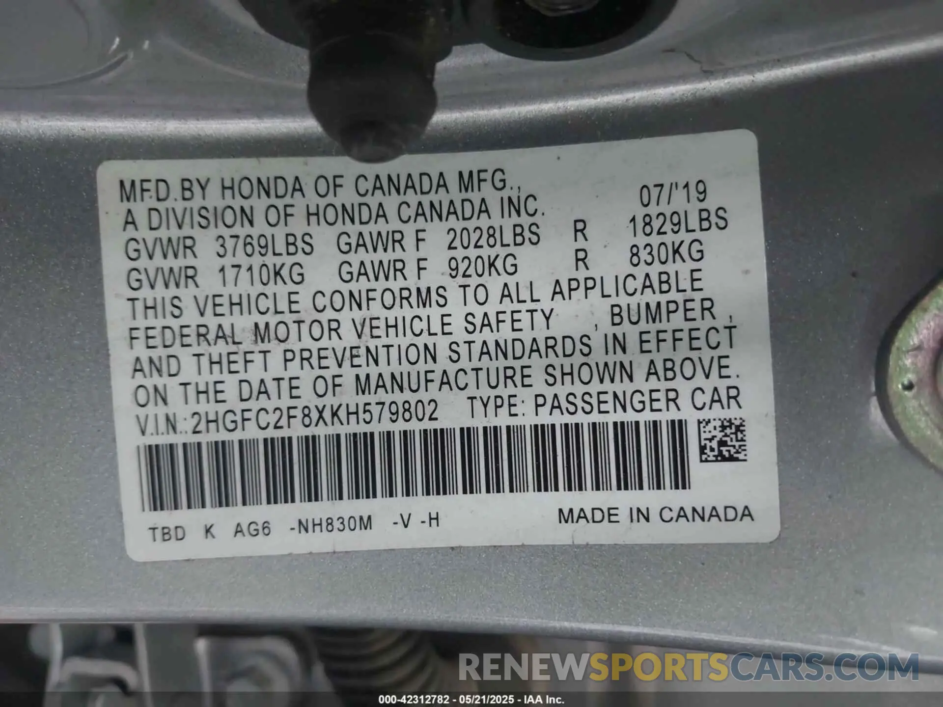 9 fotografías del automóvil dañado 2HGFC2F8XKH579802 HONDA CIVIC 2019