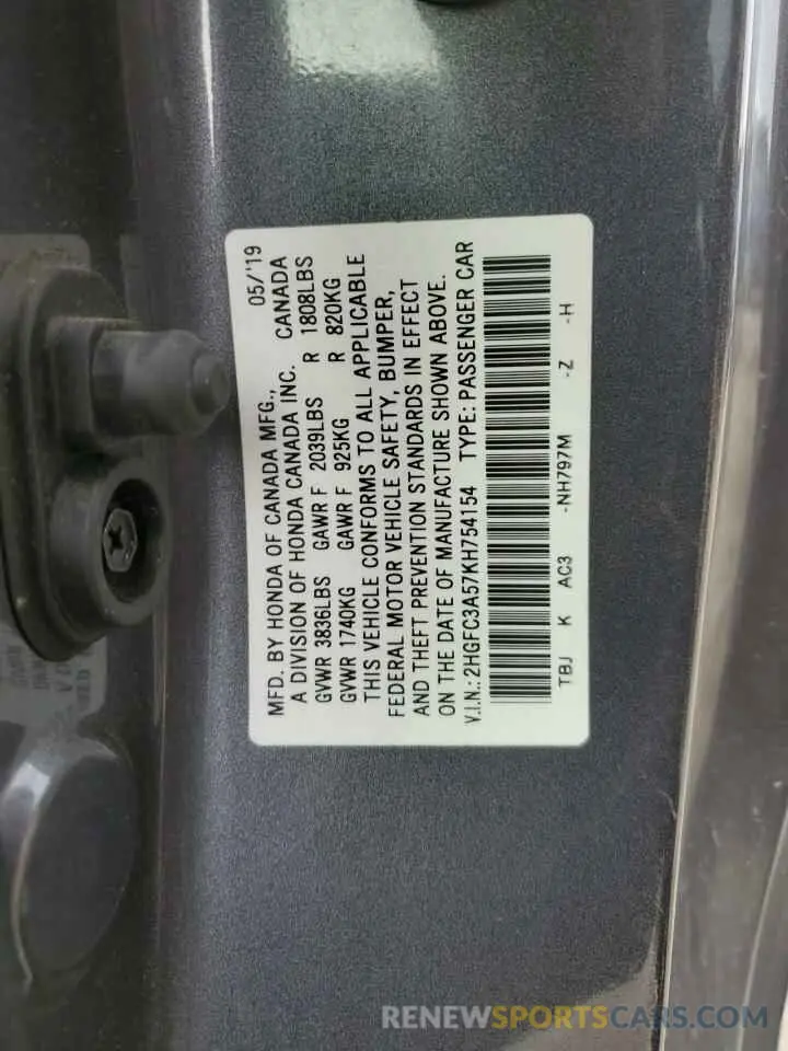 12 fotografías del automóvil dañado 2HGFC3A57KH754154 HONDA CIVIC 2019