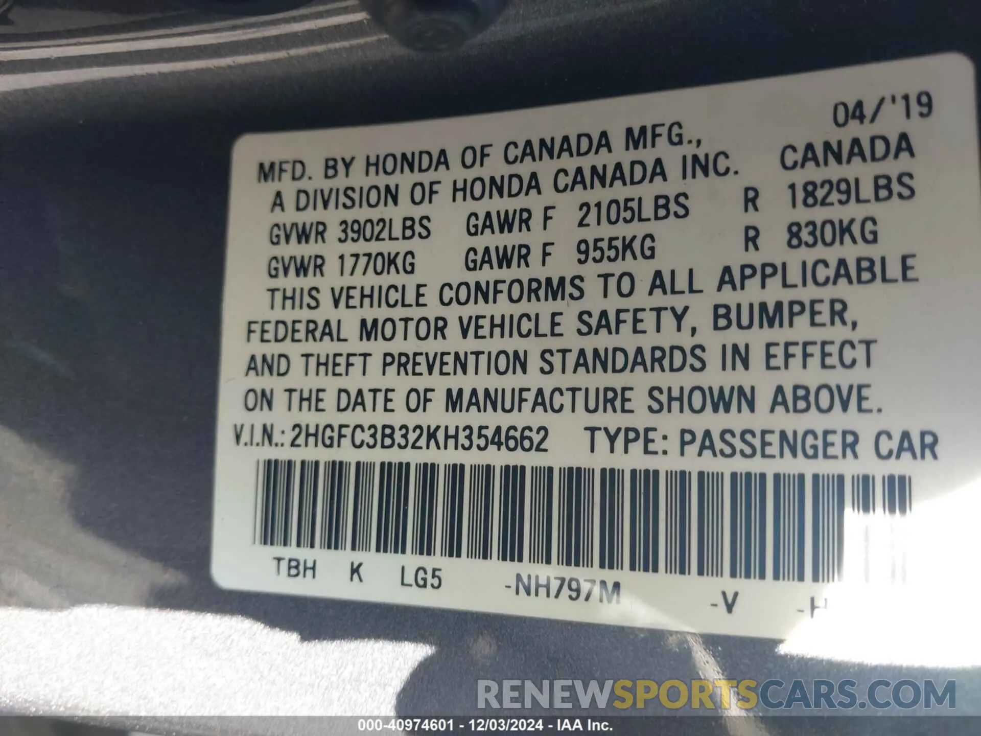 9 fotografías del automóvil dañado 2HGFC3B32KH354662 HONDA CIVIC 2019