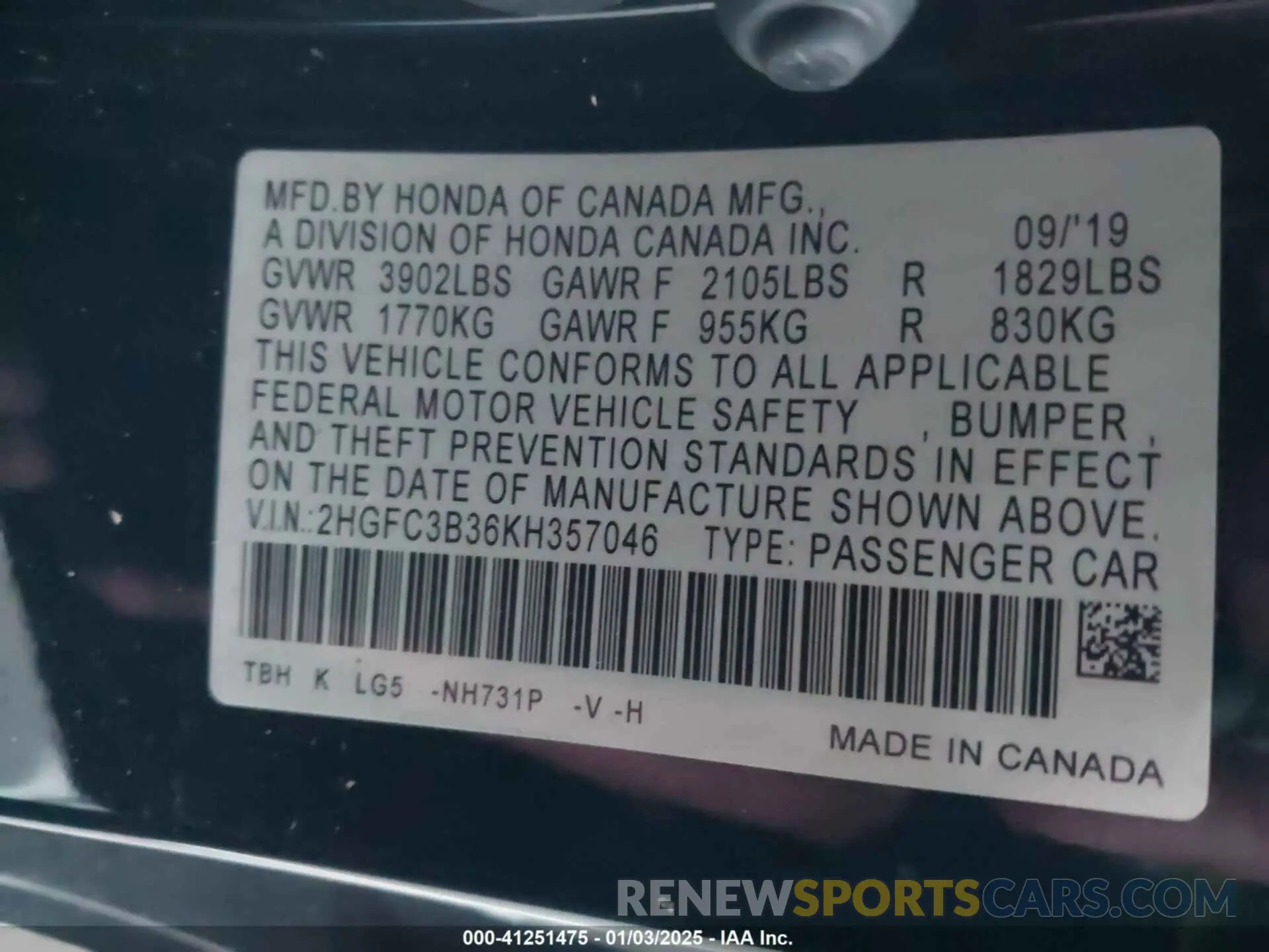 7 fotografías del automóvil dañado 2HGFC3B36KH357046 HONDA CIVIC 2019