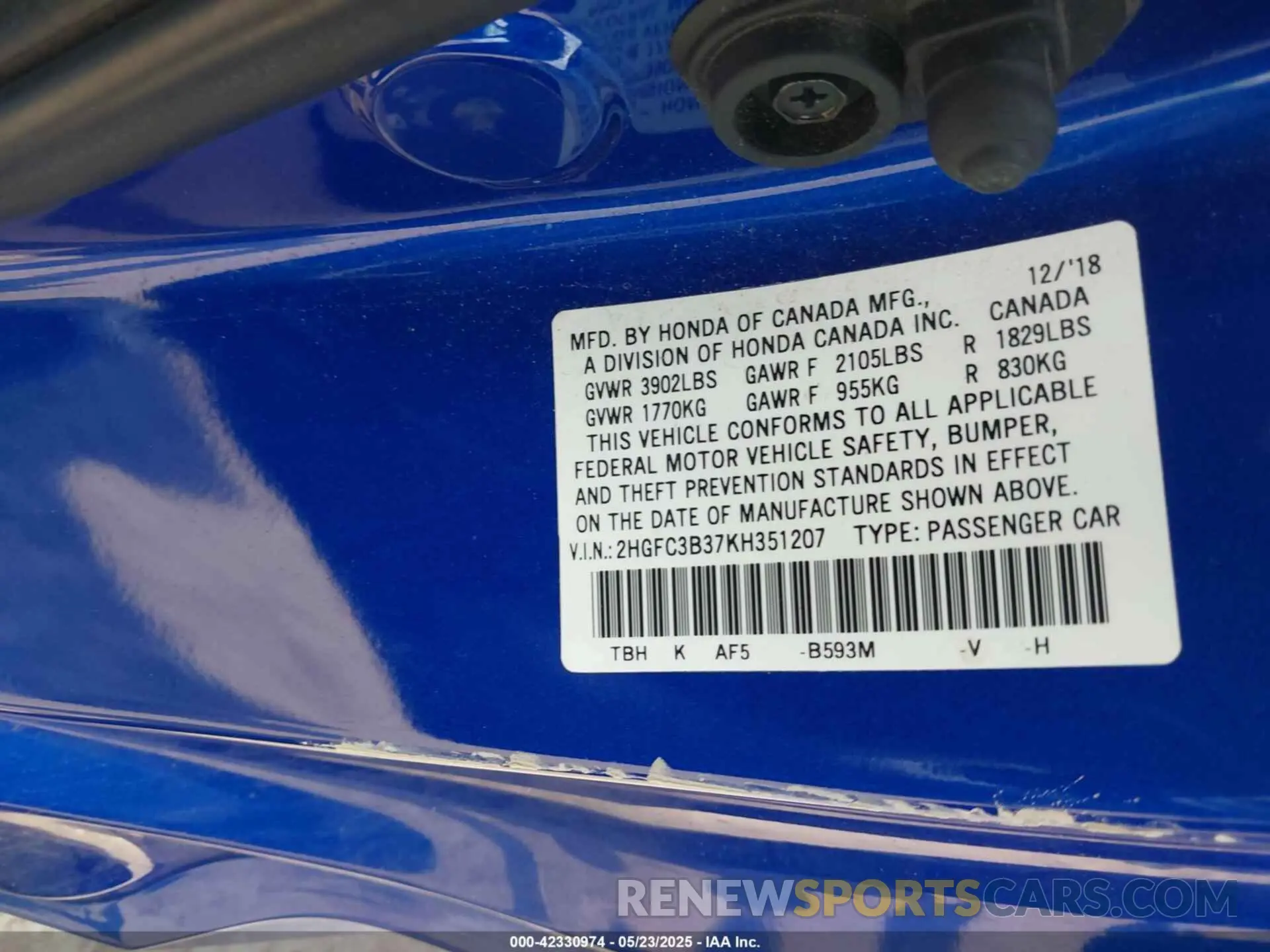 9 fotografías del automóvil dañado 2HGFC3B37KH351207 HONDA CIVIC 2019