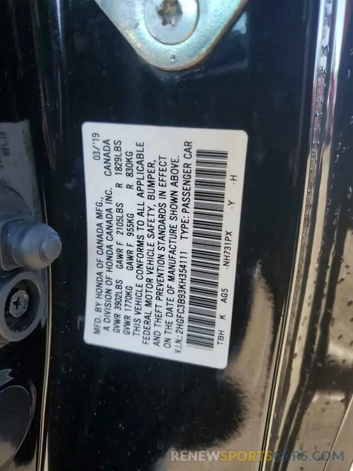 12 fotografías del automóvil dañado 2HGFC3B93KH354111 HONDA CIVIC 2019