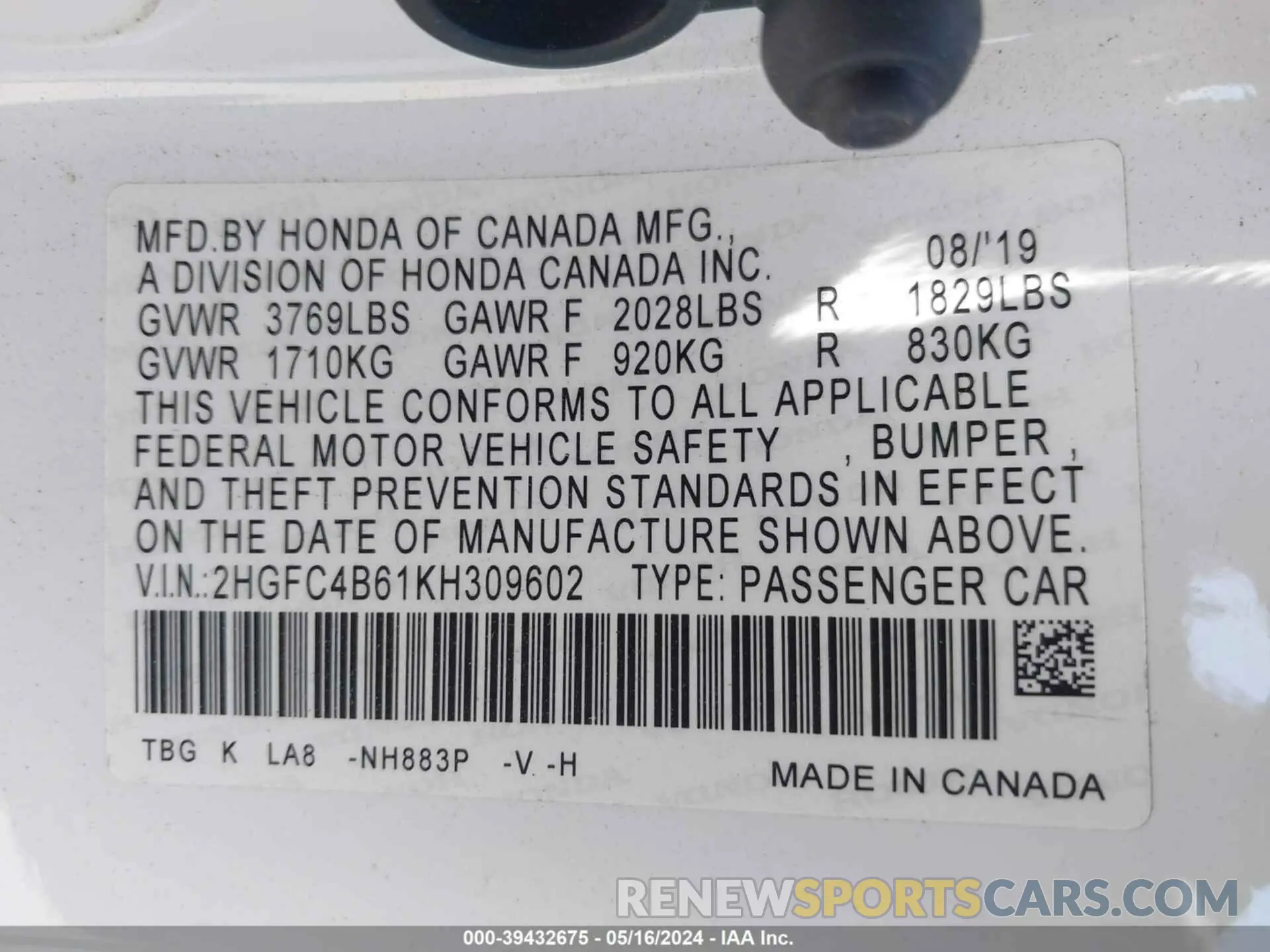 9 fotografías del automóvil dañado 2HGFC4B61KH309602 HONDA CIVIC 2019