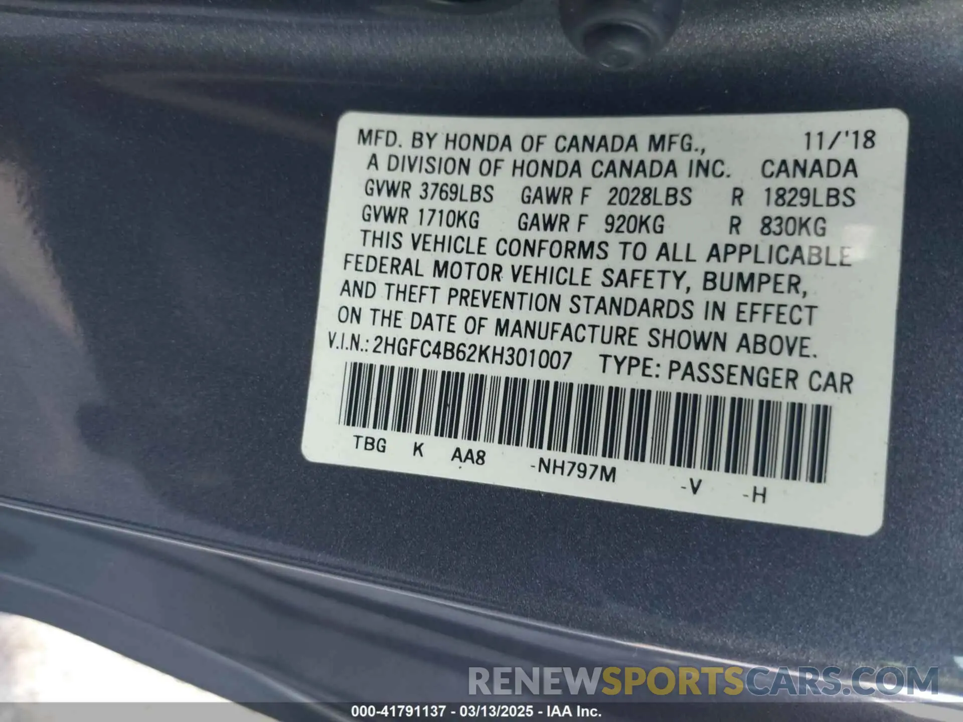 9 fotografías del automóvil dañado 2HGFC4B62KH301007 HONDA CIVIC 2019