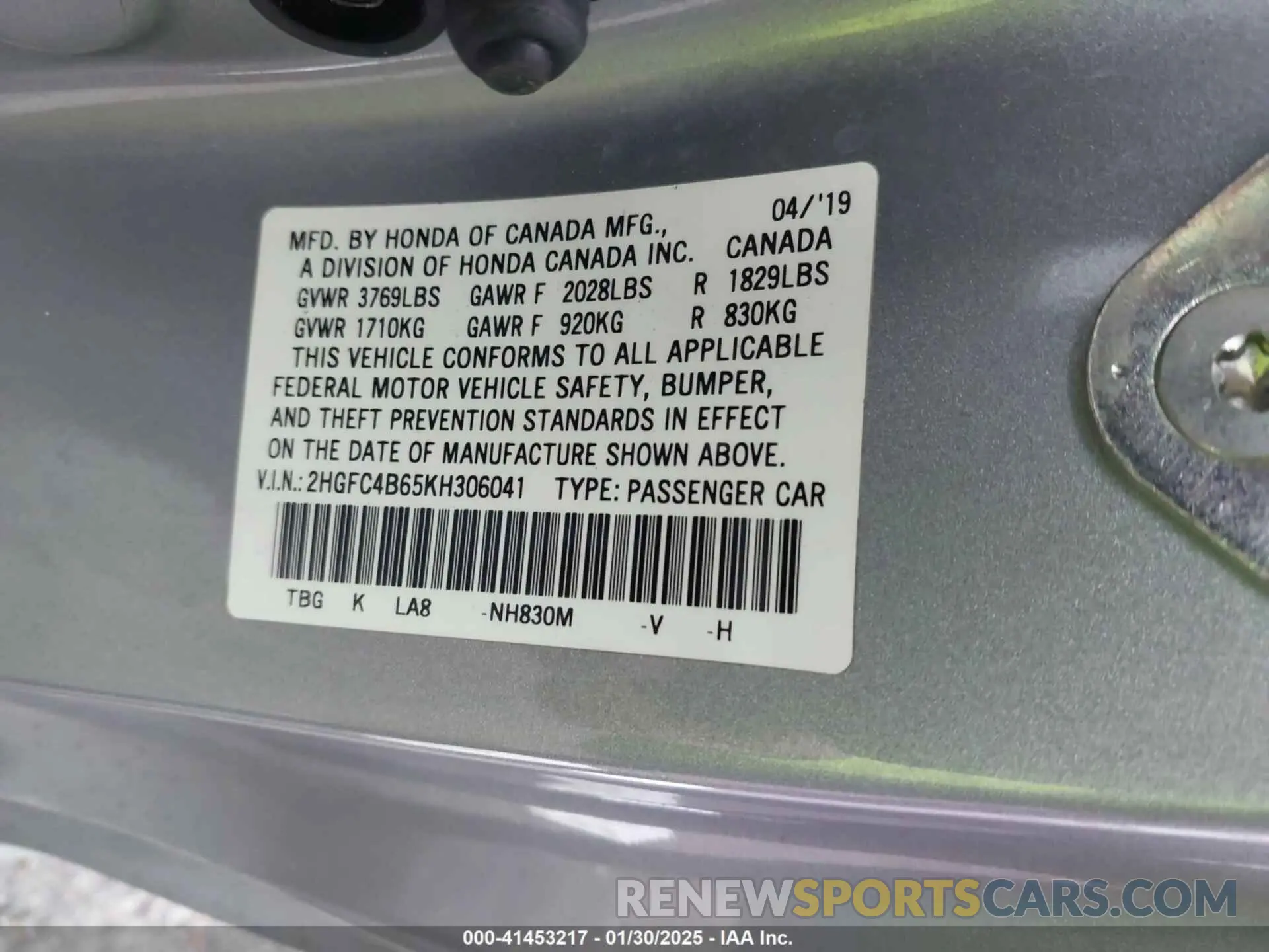 9 fotografías del automóvil dañado 2HGFC4B65KH306041 HONDA CIVIC 2019