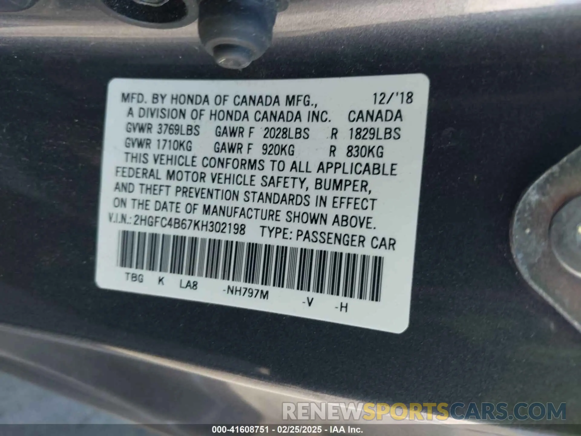 9 fotografías del automóvil dañado 2HGFC4B67KH302198 HONDA CIVIC 2019