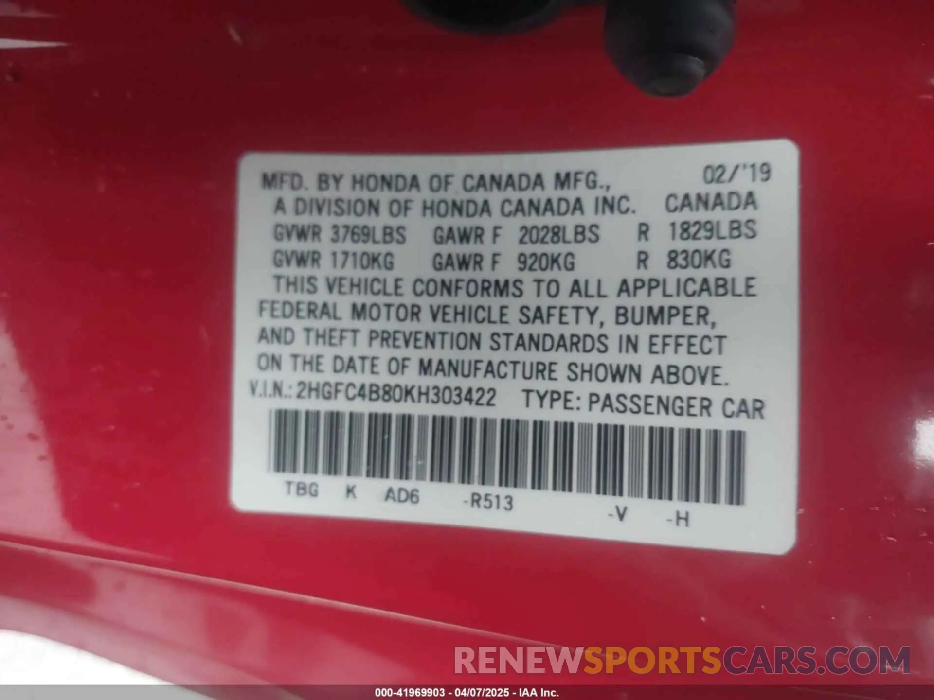 9 fotografías del automóvil dañado 2HGFC4B80KH303422 HONDA CIVIC 2019