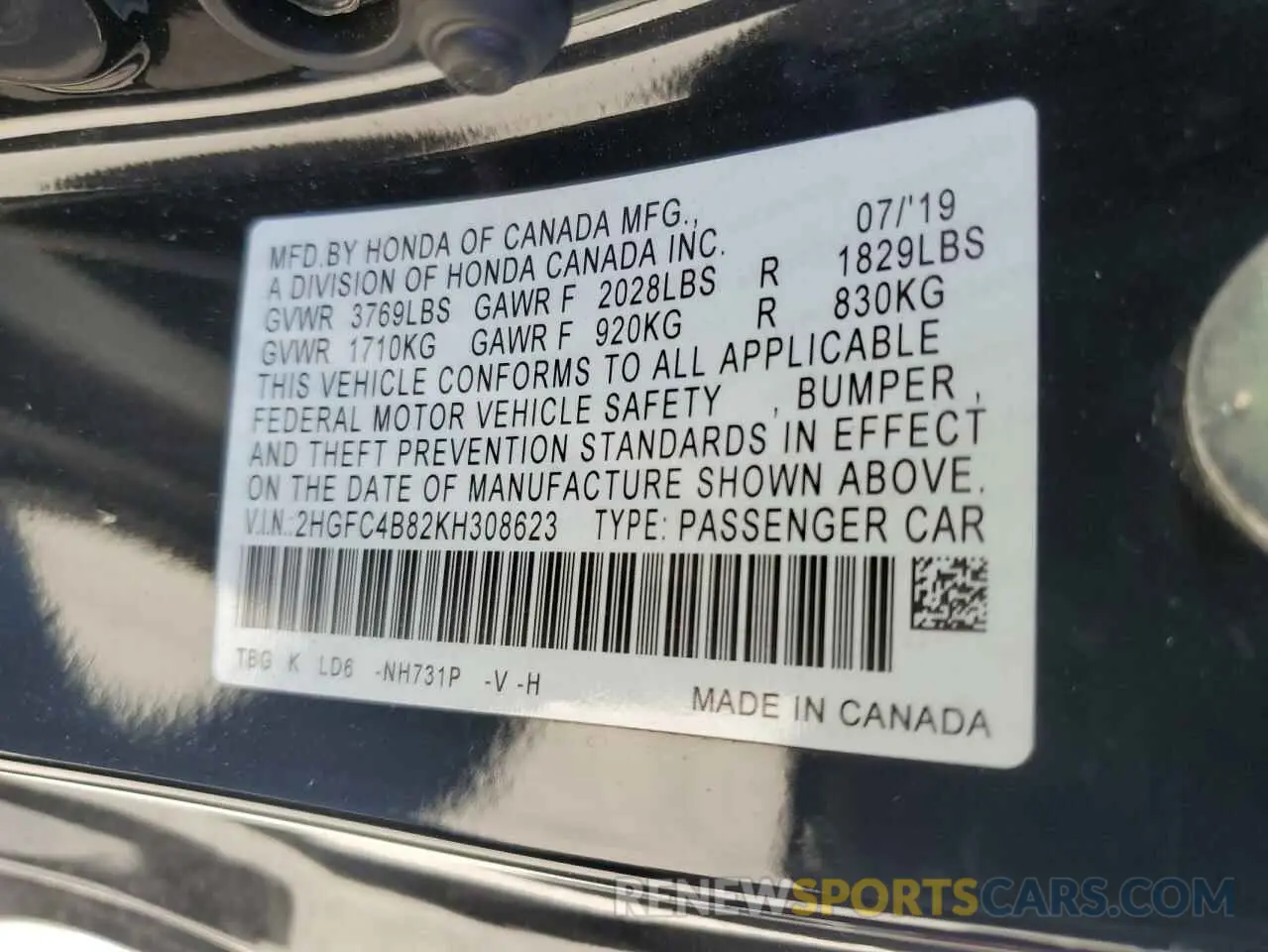 12 fotografías del automóvil dañado 2HGFC4B82KH308623 HONDA CIVIC 2019