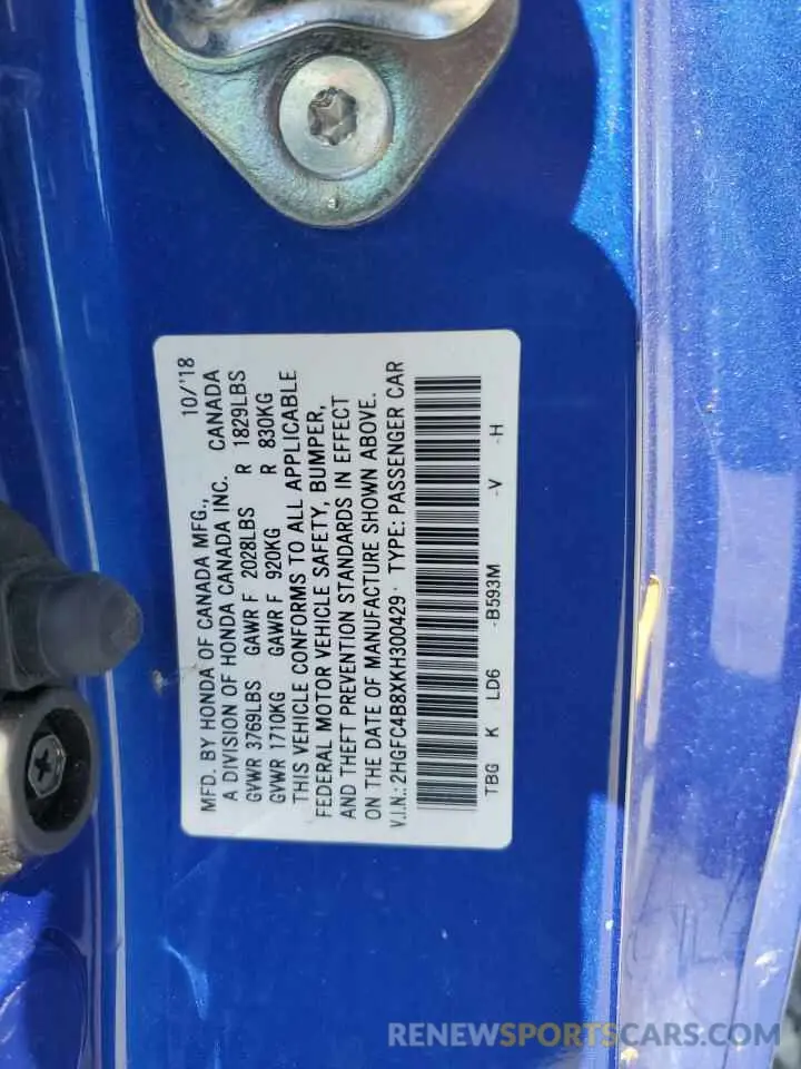 12 fotografías del automóvil dañado 2HGFC4B8XKH300429 HONDA CIVIC 2019