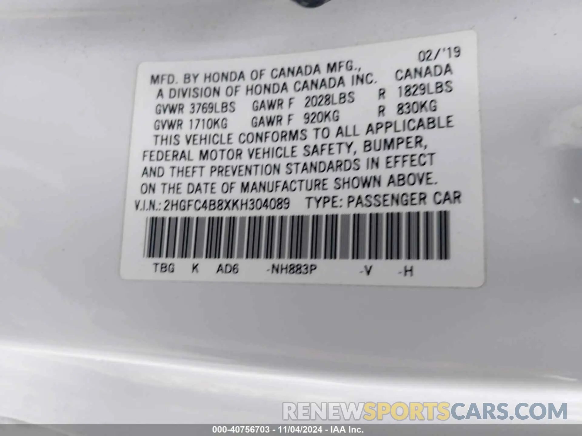 9 fotografías del automóvil dañado 2HGFC4B8XKH304089 HONDA CIVIC 2019