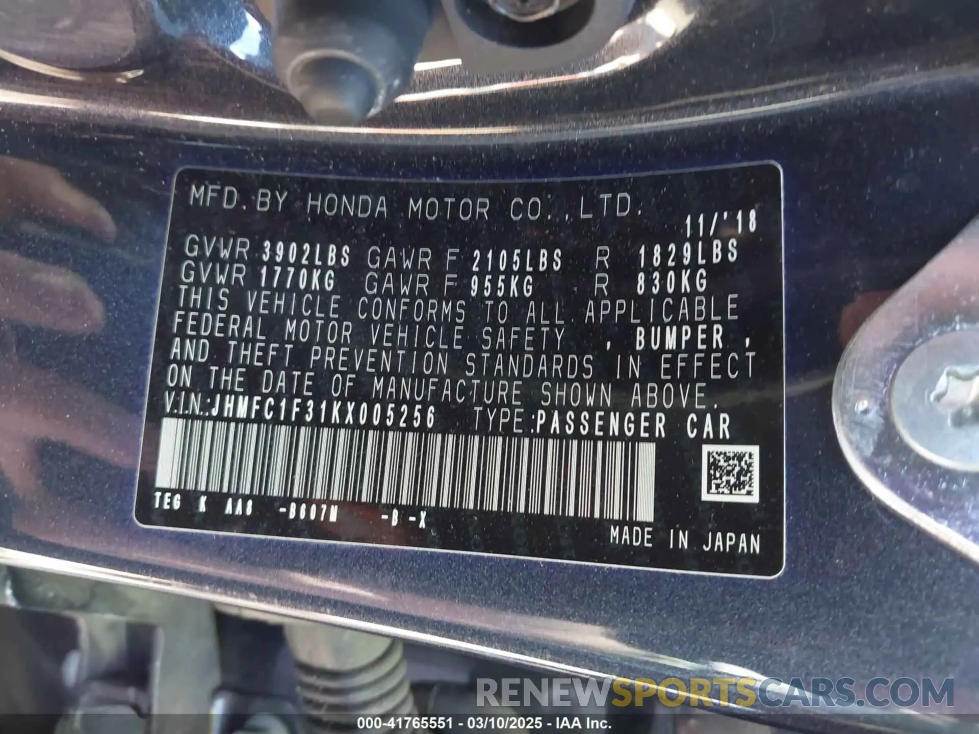 9 fotografías del automóvil dañado JHMFC1F31KX005256 HONDA CIVIC 2019