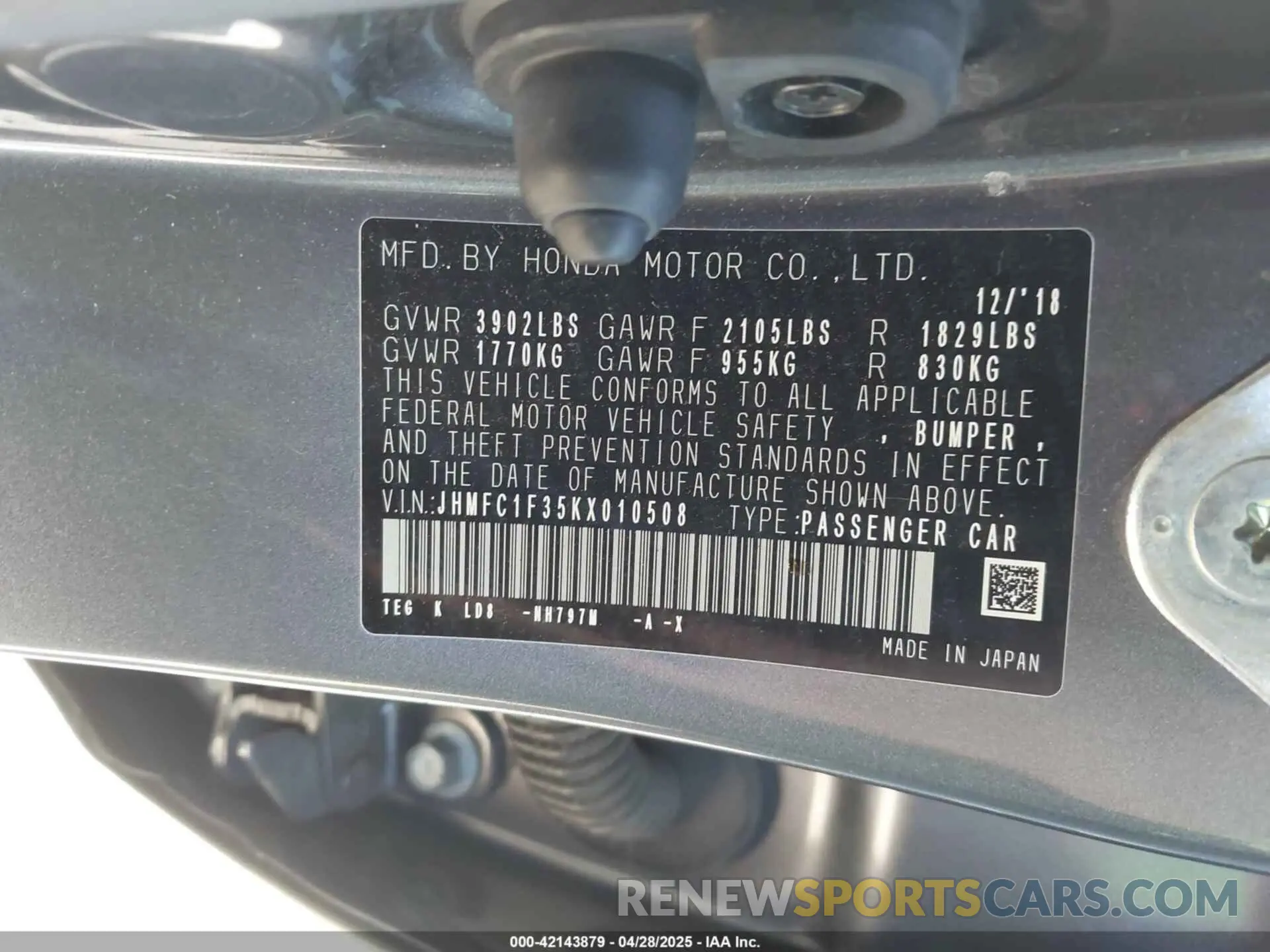 9 fotografías del automóvil dañado JHMFC1F35KX010508 HONDA CIVIC 2019
