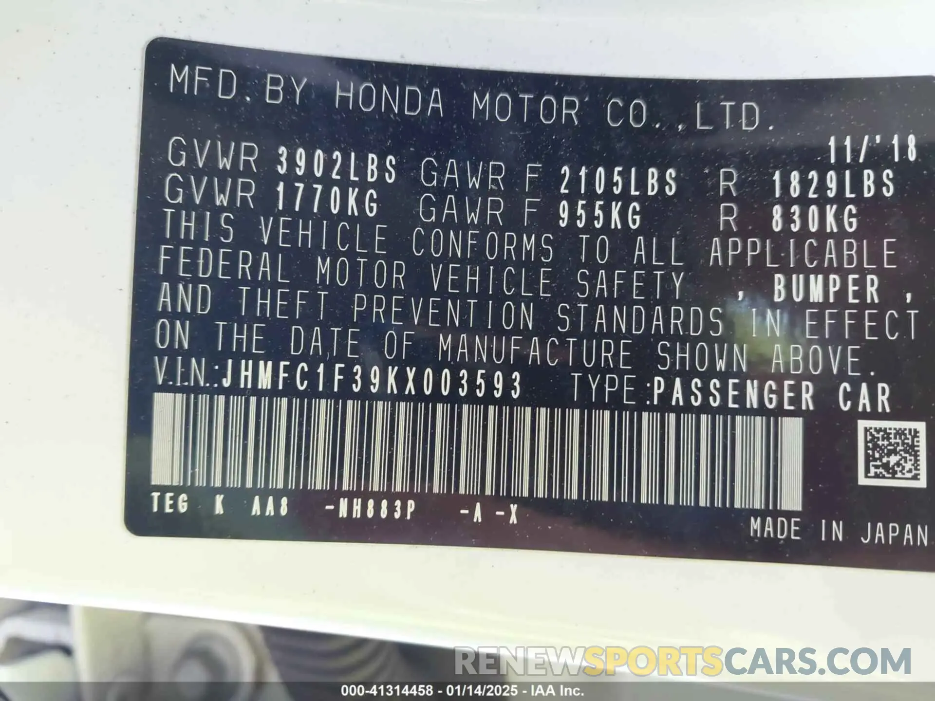 9 fotografías del automóvil dañado JHMFC1F39KX003593 HONDA CIVIC 2019